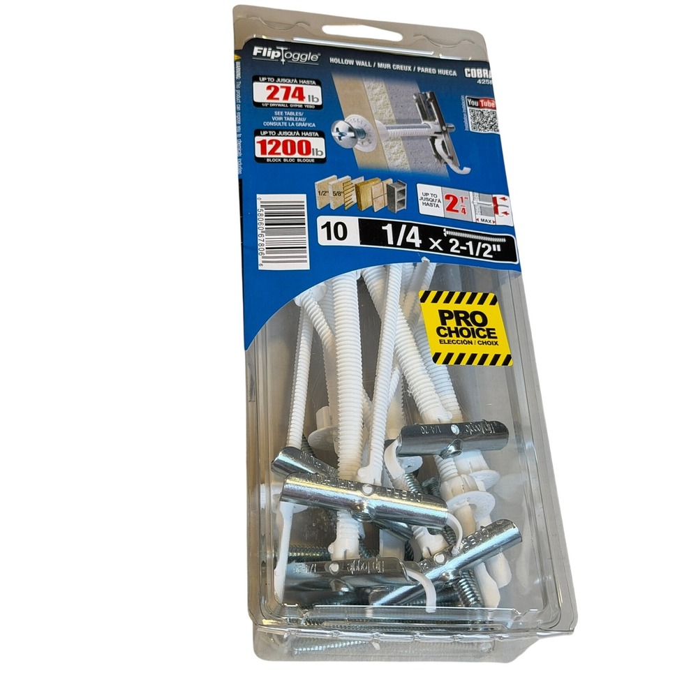 Cobra FlipToggle Hollow Wall‎ Anchors 10pk 1/4 x 2-1/2 Silver Hardware